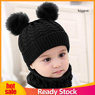 pequeño bebé invierno doble pompón trenza de punto sombrero beanie cuello caliente bufanda conjunto (1)