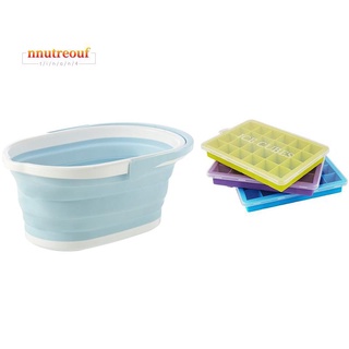 1 Pcs Foldable Bucket Solid Basin Tourism Car Wash Mop Folding Bucket & 1 Set Ice Square Tray Silicone Ice Tray with Lid (1)