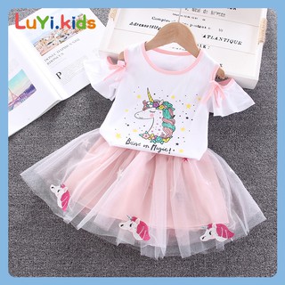 LUYIKIDS Ropa Infantil Niña Princesa Vestido De Moda 2 Piezas Unicornio Patrón De Dibujos Animados Lindo Camiseta + Falda Niños