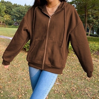 Sudadera con capucha de las mujeres de gran tamaño de algodón cremallera Cardigan mujeres marrón oscuro Jaket Perempuan estilo europeo con capucha (6)