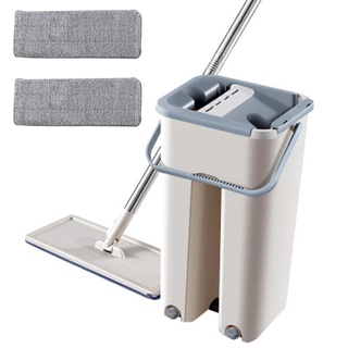 Cl [READY STOCK] Flat Floor Mop Scraping Ultra-Fine Fiber Mop Self Wet and Dry Cleaning Microfiber Mop Bucket with 2 Microfiber Pads