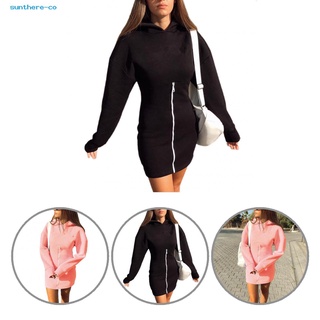 sunthere Tight Women Dress Popular Hooded Dress Zip Sleeve Clothing Long Sleeve for Daily Wear