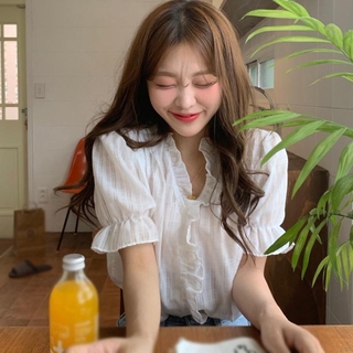 Mujer moda V-cuello Casual dulce manga corta gasa camisa blusa coreana top