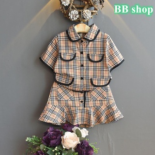 1 conjunto Burberry-kid Noble Elegent ropa de los niños niñas verano nueva cuadros camisa de manga corta + cola de pescado falda traje