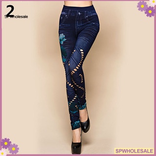 Sp Women\'s Sexy Hollow Cut Elastic Pants Flower Print Skinny Jeans Denim Leggings