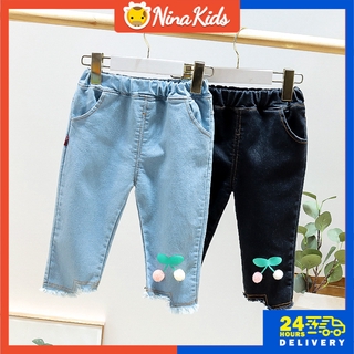 0-4años listo stock primavera/verano fondos de bebé largo demin pantalones largos cherryr patrón jeans (1)