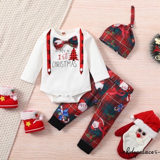 Bbq-tres piezas ropa de bebé niño de dibujos animados de navidad impresión de manga larga mameluco y pantalones con sombrero