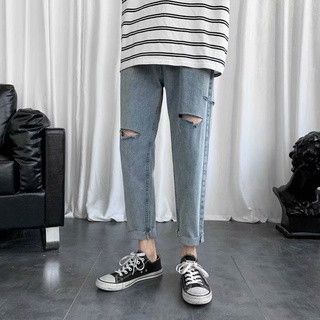 ripped jeans hombres verano delgado estudiante recto suelto tobillo longitud pantalones ins estilo coreano marca de moda internet celebridad pantalones recortados