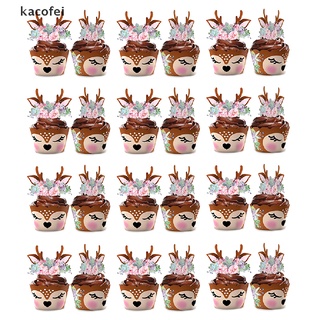 [kacofei] 24sets de ciervo borde envoltura flor tarjeta decoración boda navidad cupcake decoración