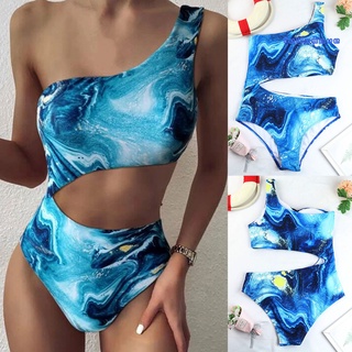 FM De Un Hombro De Cintura Alta Azul Impresión Hueco Mujeres De Una Sola Pieza Traje De Baño Bikini Para Piscina