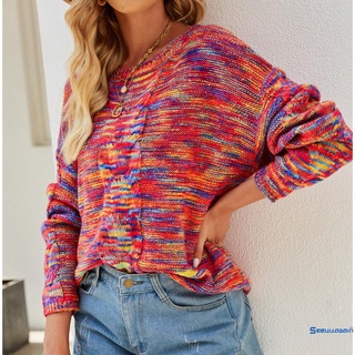 See- suéter de Color abigarrado para mujer, cuello redondo, manga larga, estilo suelto, S/ M/ L/ XL