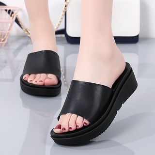 Mujer Casual Slip On vaca cuero sandalias moda Peep Toe sandalias negro