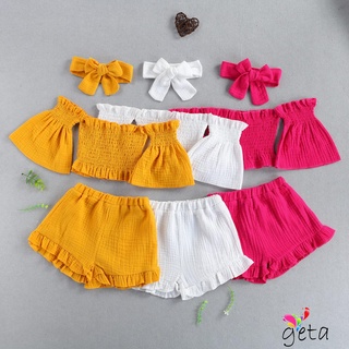 Ljw-Conjunto de trajes de Color sólido para niñas/bebés con hombros descubiertos/mangas para llamarada/cuello de barco/Tops+pantalones cortos de volantes+banda de nudo (1)