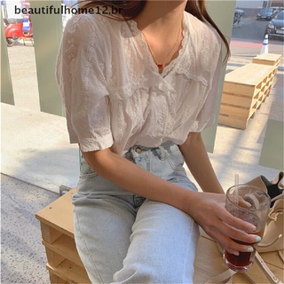 Beautifulhome12.[br] Camiseta De encaje con cuello en V y Manga corta Jacquard color sólido para mujeres