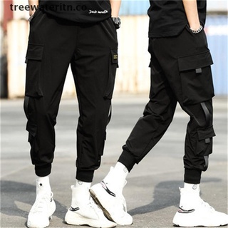 [treewateritn] pantalones casuales para hombre bolsillos laterales cargo harem pantalones joggers hip hop [co]