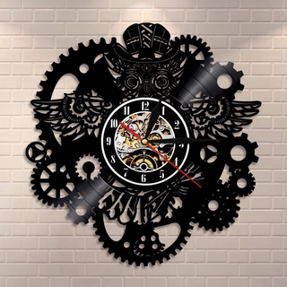Steampunk búho arte de pared reloj de pared Vintage vinilo registro reloj de decoración del hogar engranaje engranaje noche búho Steampunk personalizado reloj de pared