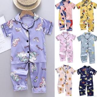 Lok02447 niños niñas pijama de seda verano blusa Tops manga corta + pantalones largos ropa de dormir conjunto 0-6 años