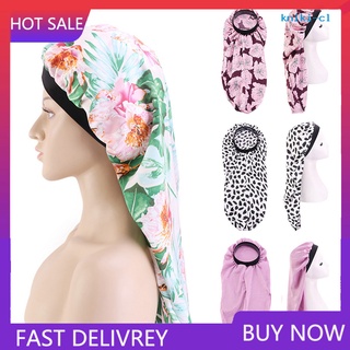 NSMZ_ Women Floral Satin Long Tail Bonnet Night Sleeping Cap Head Cover Hair Care Hat
