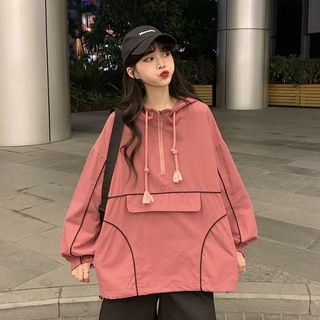 ielgy estilo coreano suelto de la mitad de la longitud de la moda con capucha bf estilo de color coincidencia de manga larga chaqueta tops tendencia de las mujeres