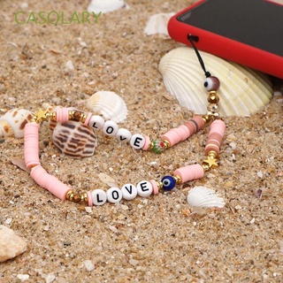 CASOLARY Ins Trendy Mobile Phone Straps Colorful Heishi Clay Beaded Cell Phone Lanyard Mobile Phone Chain Smiling Beads Chain Telephone Jewelry Phone Charm Handmade Anti-Lost Lanyard LOVE Letter Lanyard