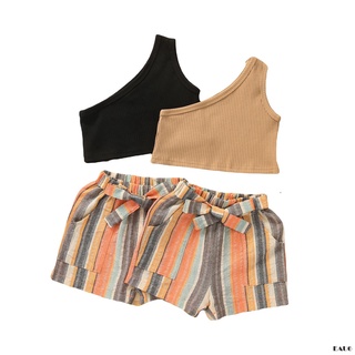E6-niña verano de dos piezas conjunto fresco Color sólido oblicua hombro chaleco y rayas vendaje pantalones cortos