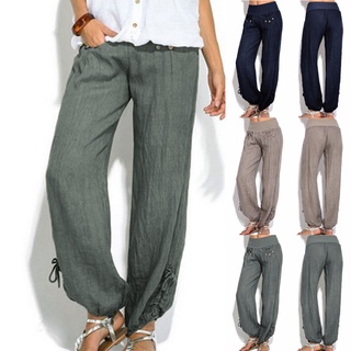 Beautyu_Pantalones sueltos casuales de algodón y lino para mujer/botones sólidos/pantalones anchos para mujer (1)