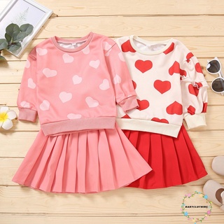 Bbcq-girls Casual conjunto de ropa de dos piezas, patrón estampado de corazón redondo cuello jersey y falda, rosa/rojo