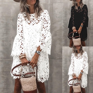 yuerwuy 1 Set Sling Dress Cover-Up Set Lace Flare Sleeve Women See Through Patchwork Dress for Dating