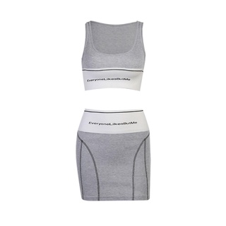 Zxt-Conjunto de ropa Sexy de dos piezas para mujer, letras grises estampado en forma de U Collar camisola y falda corta, S/ M/ L