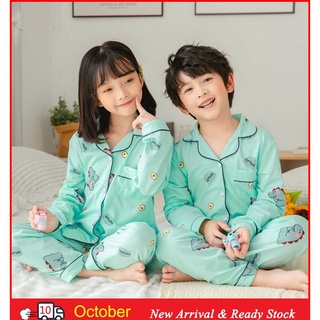 Los niños pijamas niño Pakaian Kanak Kanak Simple de manga larga pijamas de dibujos animados dinosaurio impresión de solapa pijamas transpirable Unisex para niñas y niños grandes camisones de poliéster