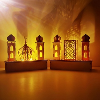 Zong Muslim Festival de madera faro LED lámpara de noche ramadán Eid Mubarak decoración Islam fiesta suministros (7)