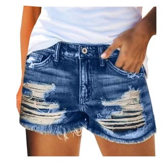 Kobreat_Pantalones cortos de verano para mujer Sexy Jeans cintura alta delgado agujero pantalones cortos