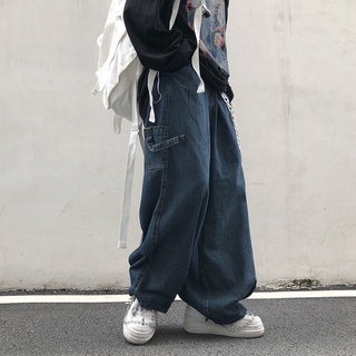 2021 Moda Individualidad Estilo Japonés Jean Hombres Suelta Raya Denim Pantalón Bule/Negro Hombre Y Mujeres Hip hop Streetwear Pantalones