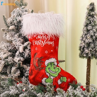 Gran venta decoraciones De navidad Verde monstruo De piel Grinch blanco blanco largo borde calcetines dulces bolsa De regalo RF01