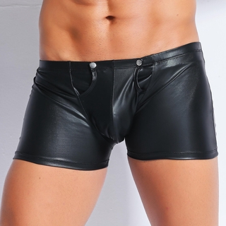 Pantalones cortos de cuero ajustados para hombre con apertura de cremallera 09654 (1)