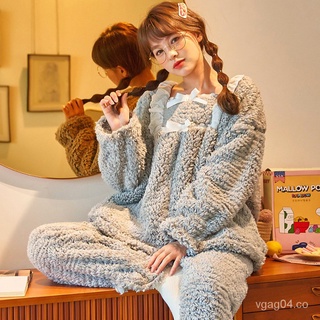Pijamas de amor caqui invierno terciopelo acolchado grueso de las mujeres de lana de Coral franela estilo japonés dulce y lindo estilo de princesa ropa de casa