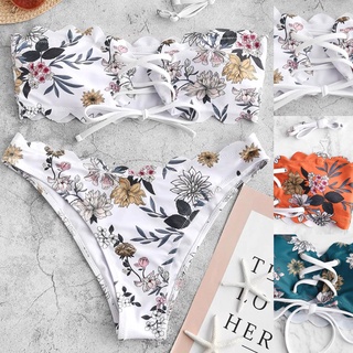 shein^_^ bikini bandeau con cordones florales para mujer/traje de baño push-up