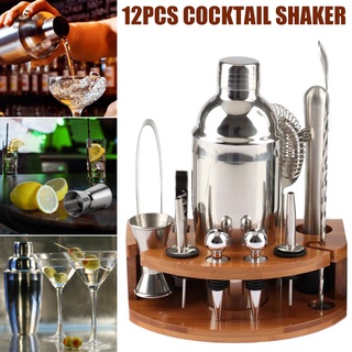 12 piezas de acero inoxidable coctelera conjunto con sectores soporte de madera batidora de bebidas mezclador