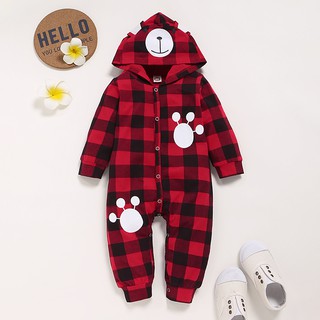 Recién nacido bebé niños mono Adorable pequeño oso impresión de manga larga rojo a cuadros mameluco lindo disfraces pijamas (1)