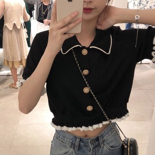 C&M Retro Black Knit Short Sleeve Slim Top Polo Collar Summer Women Crop T-shirt PodC