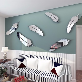 wf diy pluma de plata 3d espejo pegatinas de arte de pared calcomanía hogar dormitorio mural decoración