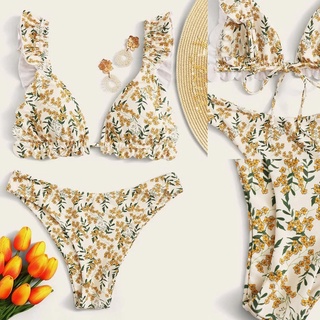 Mujer verano Sexy estampado Floral volantes de corte alto Bikini conjunto de dos piezas traje de baño
