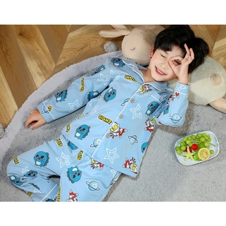Pijamas niños Baju Tidur Kartun Kawaii manga larga desgaste de sueño impresión dinosaurio impresión solapa pijamas transpirable Unisex para niños y niñas algodón ropa de sueño
