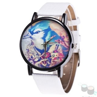 reloj de pulsera de cuarzo con esfera redonda/correa de cuero sintético/estampado de pájaros azules/unisex