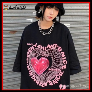 Verano 100% algodón corto-SleeveTT-shirt mujer con corazones PrintinginsTrendy estilo coreano suelto Top (1)