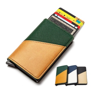 2021 Color mezclado de cuero de la Pu de aluminio de la tarjeta de la cartera RFID titular de la tarjeta de viaje caso Patchwork Slim Mini bolso