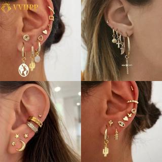 aretes de metal cactus luna set de múltiples combinación clip de oreja de cristal vintage regalo accesorios femeninos