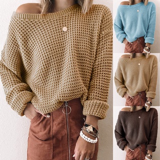 Womens Long Sleeve Round Neck Solid Color Sweater Casual Loose Knit Pullover Jumper