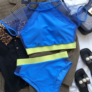 BEF Women Sexy 2pcs Color Block Bikini Set Contrast Mesh Short Sleeve Beach Swimsuit (8)
