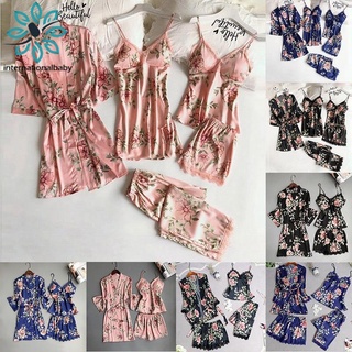 Conjuntos de pijamas rosas para mujer, 5 piezas, pantalones con tirantes superiores, pijamas, traje de primavera y otoño, ropa para el hogar, Kimono, ropa de dormir, bata, vestido de baño M-XXL (3)